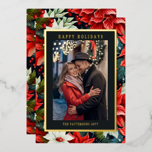 Happy Holidays Poinsettia Floral Photo Christmas Foil Holiday Card
