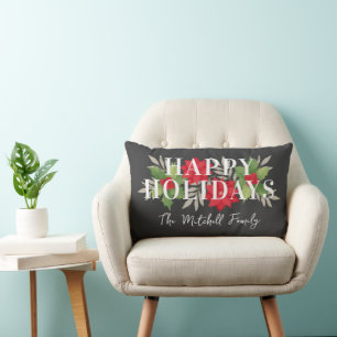 Happy Holidays Poinsettia Holly Charcoal Christmas Lumbar Pillow