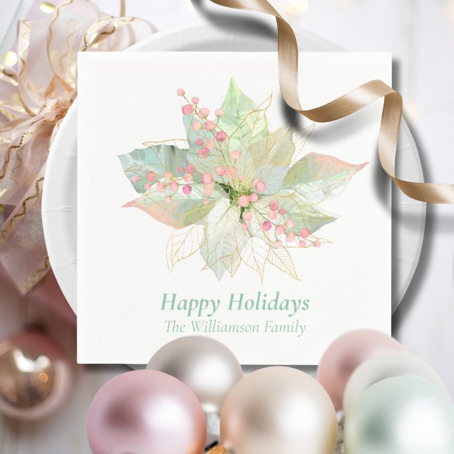 Happy Holidays Poinsettia Pastel Personalized   Napkin (Creator Uploaded)