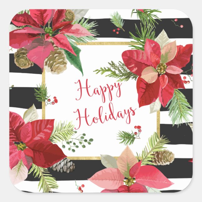 Happy Holidays Poinsettias, Black Stripe Stickers (Front)