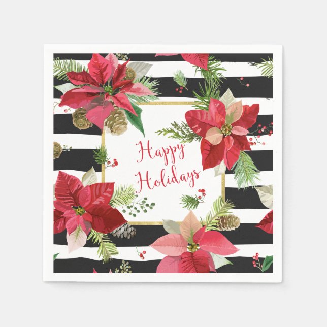 Happy Holidays Poinsettias on Black Stripe Napkins (Front)
