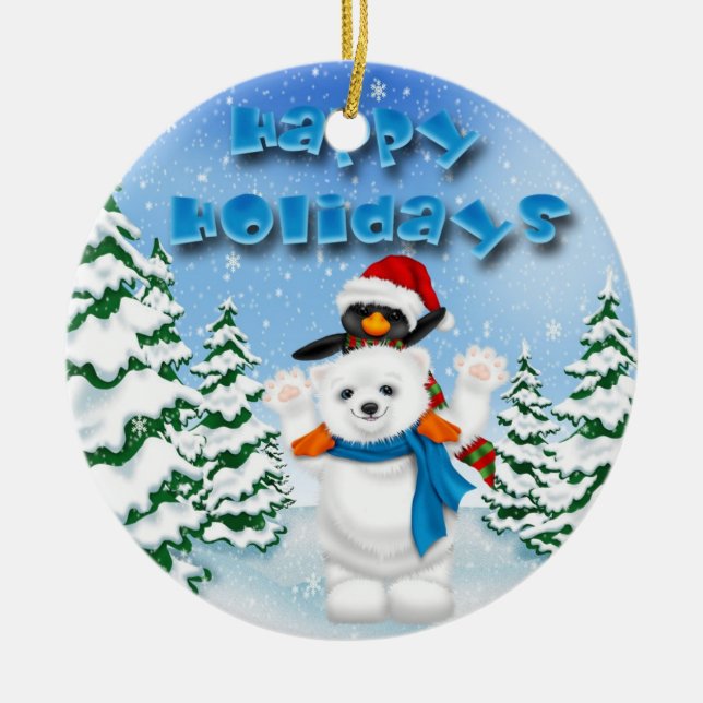 Happy Holidays Polar Bear Penguin Round Ornament (Front)