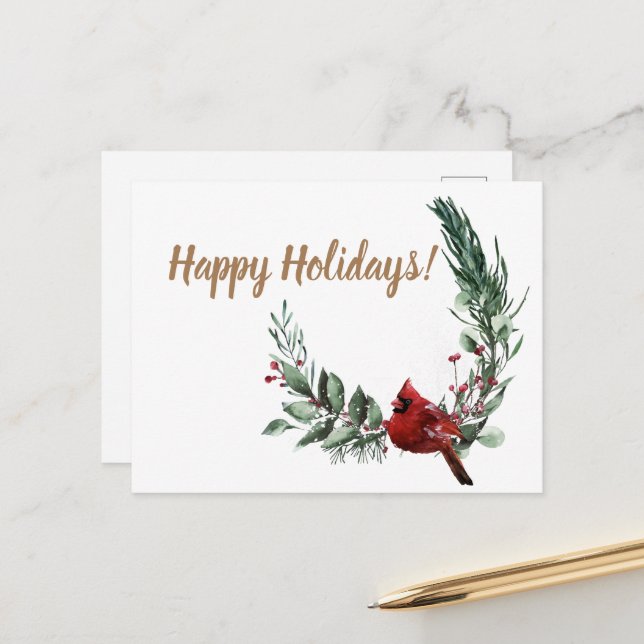 Happy Holidays postcard red cardinal (Front/Back In Situ)