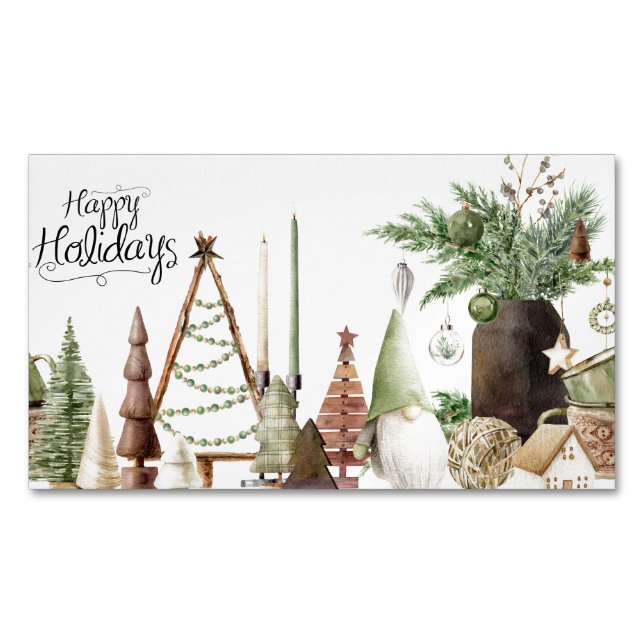 Happy Holidays Primitive Gnome Magnetic Business Card (Front)
