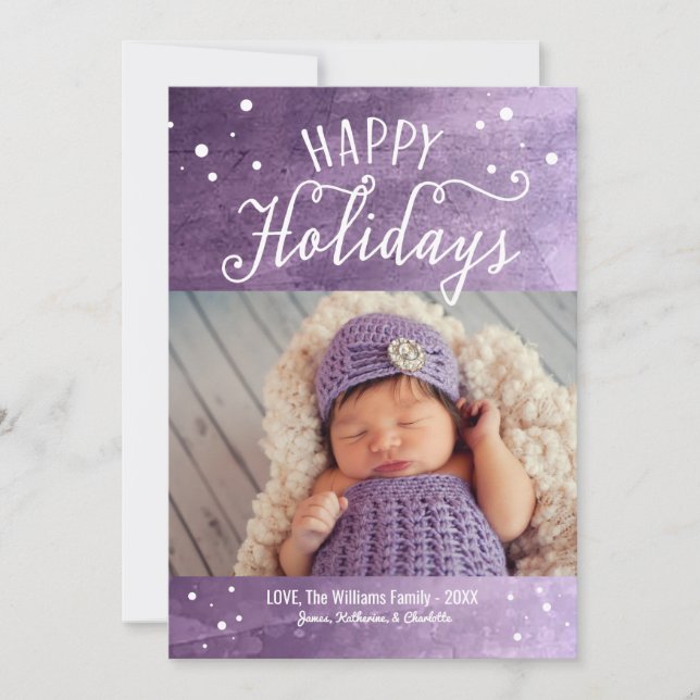 Happy Holidays Purple Snowy Watercolor Photo Holiday Card (Front)