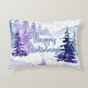 Happy Holidays Purple Winter Snowy Trees Accent Pillow