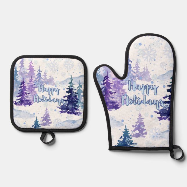 Happy Holidays Purple Winter Snowy Trees Oven Mitt & Pot Holder Set (Front)