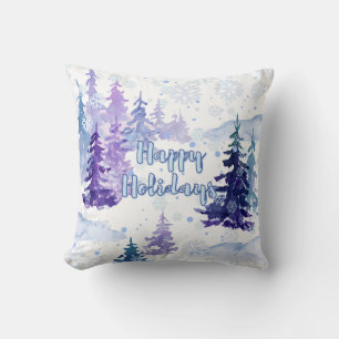 Happy Holidays Purple Winter Snowy Trees Throw Pillow