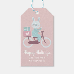 Happy Holidays Rabbit Riding Bicycle Personalized Gift Tags