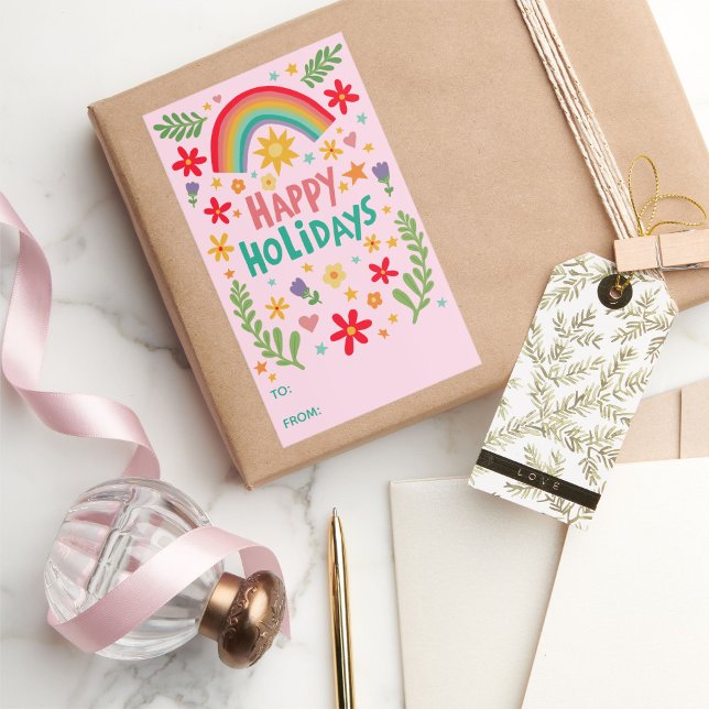 Happy Holidays Rainbow Cute CUSTOM TO FROM  Sticker (Happy Holidays Rainbow Cute CUSTOM TO FROM hand-drawn colorful Rectangular Sticker
)