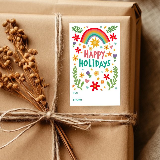 Happy Holidays Rainbow Cute CUSTOM TO FROM  Sticker (Happy Holidays Rainbow Cute CUSTOM TO FROM Rectangular Colorful Hand Drawn Sticker
)