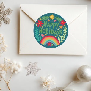 Happy Holidays Rainbow Cute Hand-drawn Colorful  Classic Round Sticker