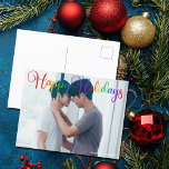 Happy Holidays Rainbow Script LGBTQ Couple Photo Postcard<br><div class="desc">Elegant Happy Holidays photo postcard with beautiful rainbow cursive typography. This modern LGBTQ holiday family photograph postcard features gorgeous script and your name in white over the full bleed picture of an LGBT couple. Personalize with your Christmas message on the back.</div>
