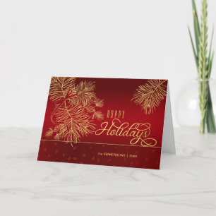 Happy Holidays Red and Golden Pines with Name Holiday Card