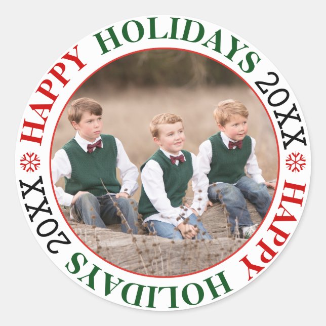 Happy Holidays red and green Christmas photo Classic Round Sticker (Front)