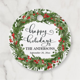 Happy Holidays Red Berry Holly Leaves Wreath  Favour Tags