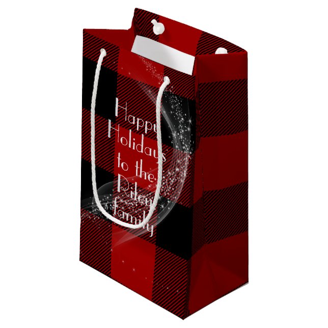 Happy Holidays red black buffalo plaid Small Gift Bag (Front Angled)