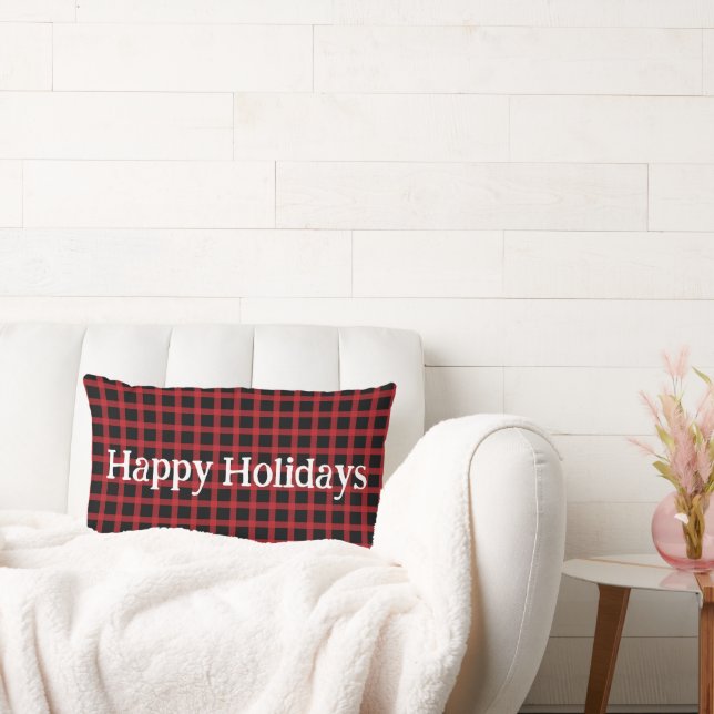 Happy Holidays Red Buffalo Plaid  Lumbar Pillow (Couch)
