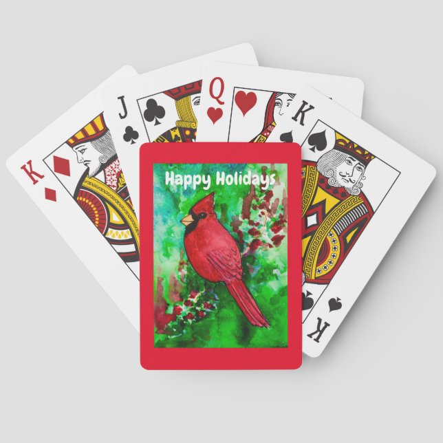 Happy Holidays Red Cardinal Bird Christmas Playing Cards (Back)