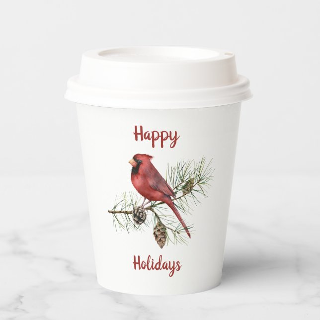 Happy Holidays Red Cardinal on Pine Branch Paper Cups (Front)