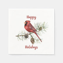 Happy Holidays Red Cardinal Pine Branch Pine Cones