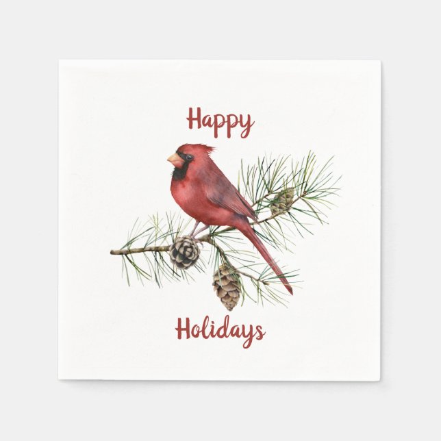Happy Holidays Red Cardinal Pine Branch Pine Cones Napkin (Front)