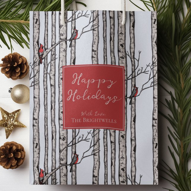 Happy Holidays Red Cardinals Birch Forest Medium Gift Bag (Pretty and Modern Hand Drawn Red Cardinals on Birch Tree Branches in Black Ink on a Blue Background.)