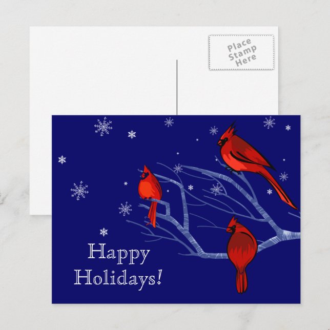 Happy Holidays. Red Cardinals Christmas  Holiday Postcard (Front/Back)