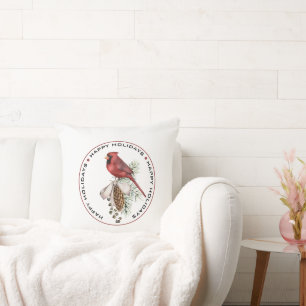 HAPPY HOLIDAYS, Red Christmas Cardinal Watercolor Throw Pillow
