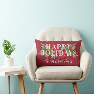 Happy Holidays Red Christmas Floral Family Name Lumbar Pillow
