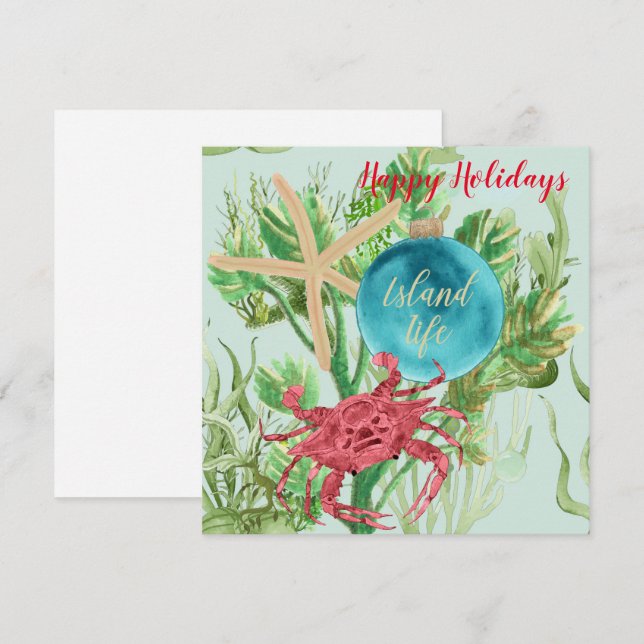 Happy Holidays Red Crab Coastal Square Greeting Card (Front/Back)
