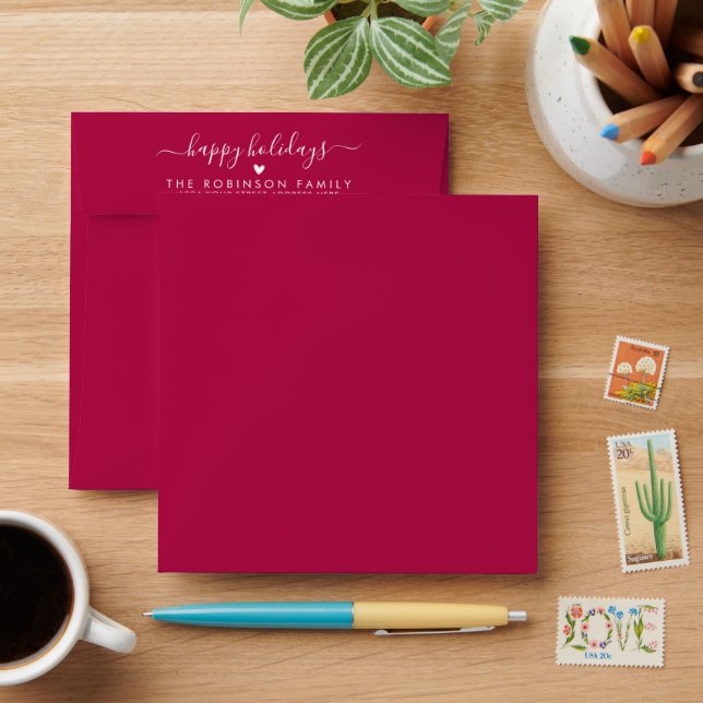 Happy Holidays Red Family Return Adresse Enveloppe (Desk)