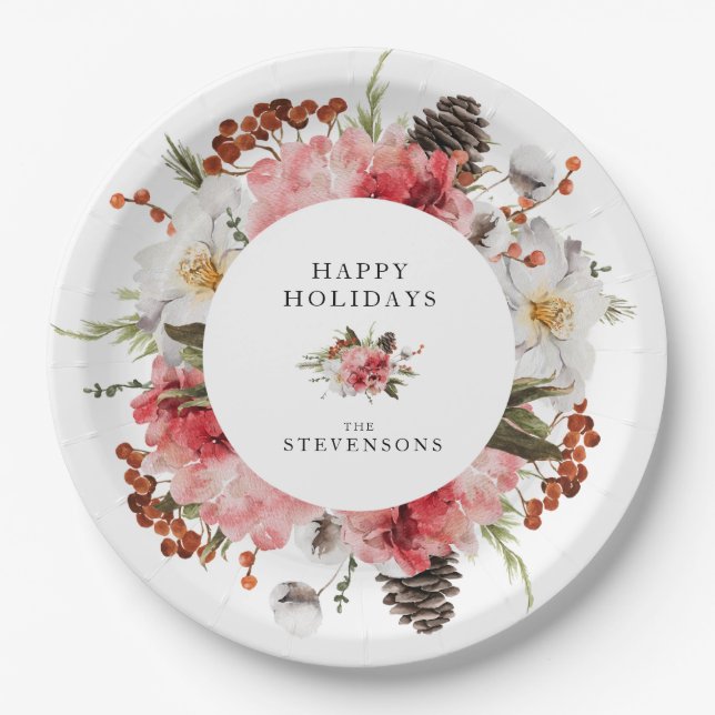 Happy Holidays Red Floral Personalized Paper Plate (Front)