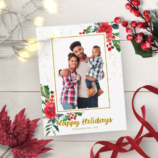 Happy Holidays Red Flowers Christmas Photo Postcard (Creator Uploaded)