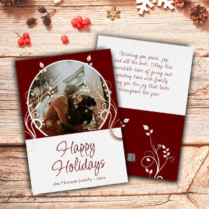 Happy Holidays Red Foliage Family Photo Rose Gold Foil Holiday Card