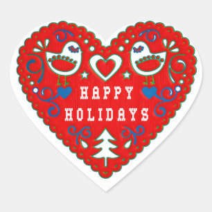 Happy Holidays Red Folk Art Heart Sticker