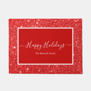 Happy Holidays red glitter family name Doormat