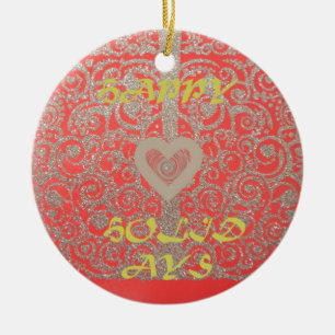 Happy Holidays Red Glitter heart design Ceramic Ornament
