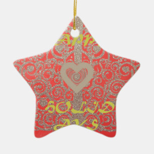 Happy Holidays Red Glitter heart design Ceramic Ornament