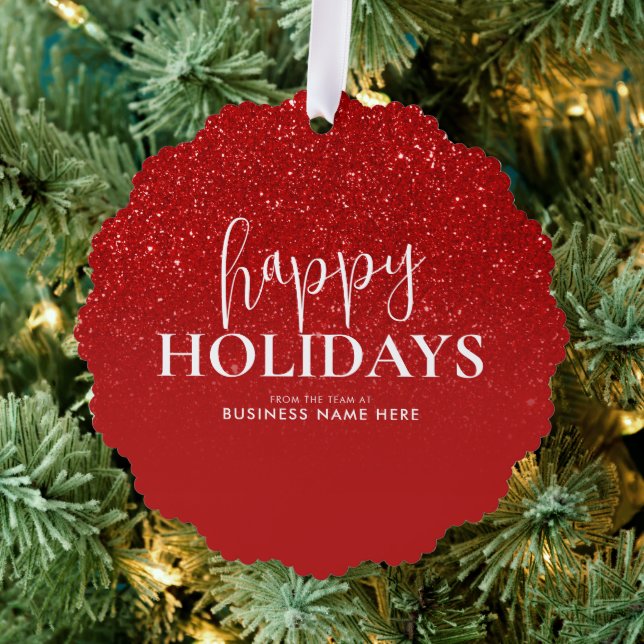 Happy Holidays Red Glitter Modern Business Ornament Card (Insitu (Tree))