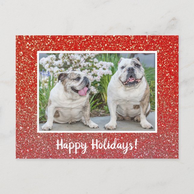 Happy Holidays Red Glitter Modern Photo Postcard (Front)