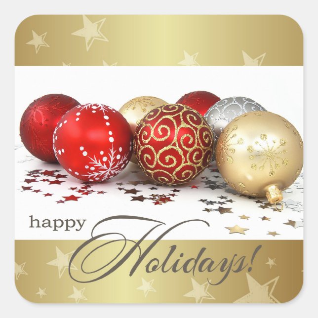 Happy Holidays. Red Gold Baubles Christmas  Square Sticker (Front)