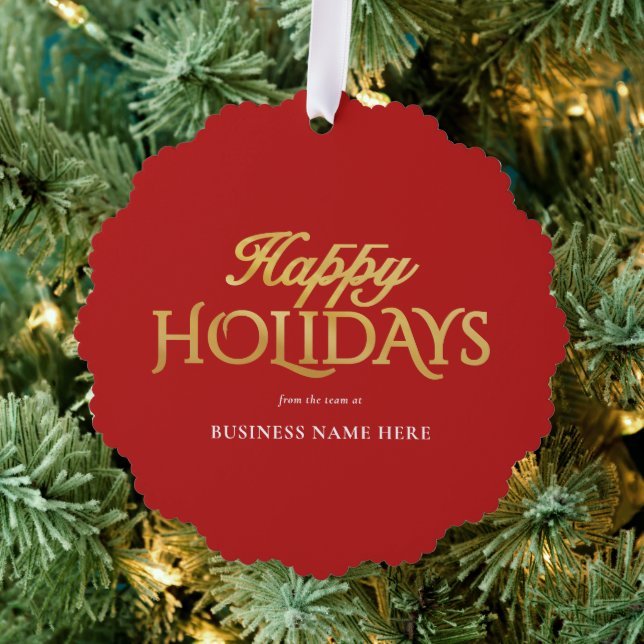 Happy Holidays Red Gold Elegant Modern Business Ornament Card (Insitu (Tree))