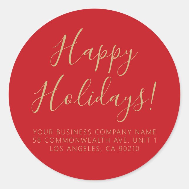 Happy Holidays red gold script simple address Classic Round Sticker (Front)