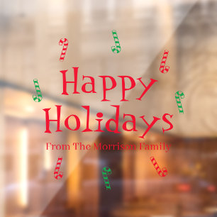 Happy Holidays red green custom name candy cane Window Cling