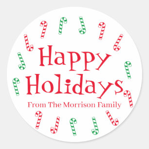 Happy Holidays red green custom name favour  Classic Round Sticker