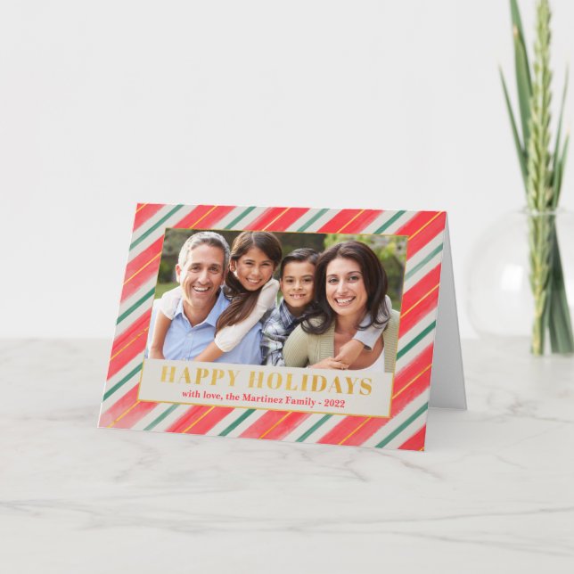 Happy Holidays Red Green Stripe Photo Christmas Holiday Card (Front)