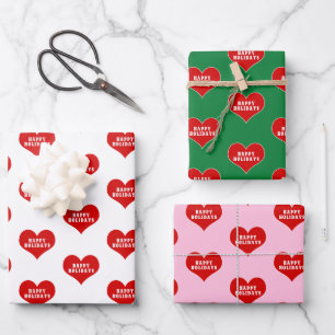 HAPPY HOLIDAYS Red Love Heart Wrapping Paper Sheet