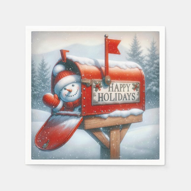 Happy Holidays Red Mailbox With Waving Snowman Napkin (Front)
