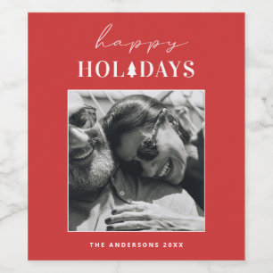 Happy Holidays   Red Modern Christmas Winter Photo Wine Label
